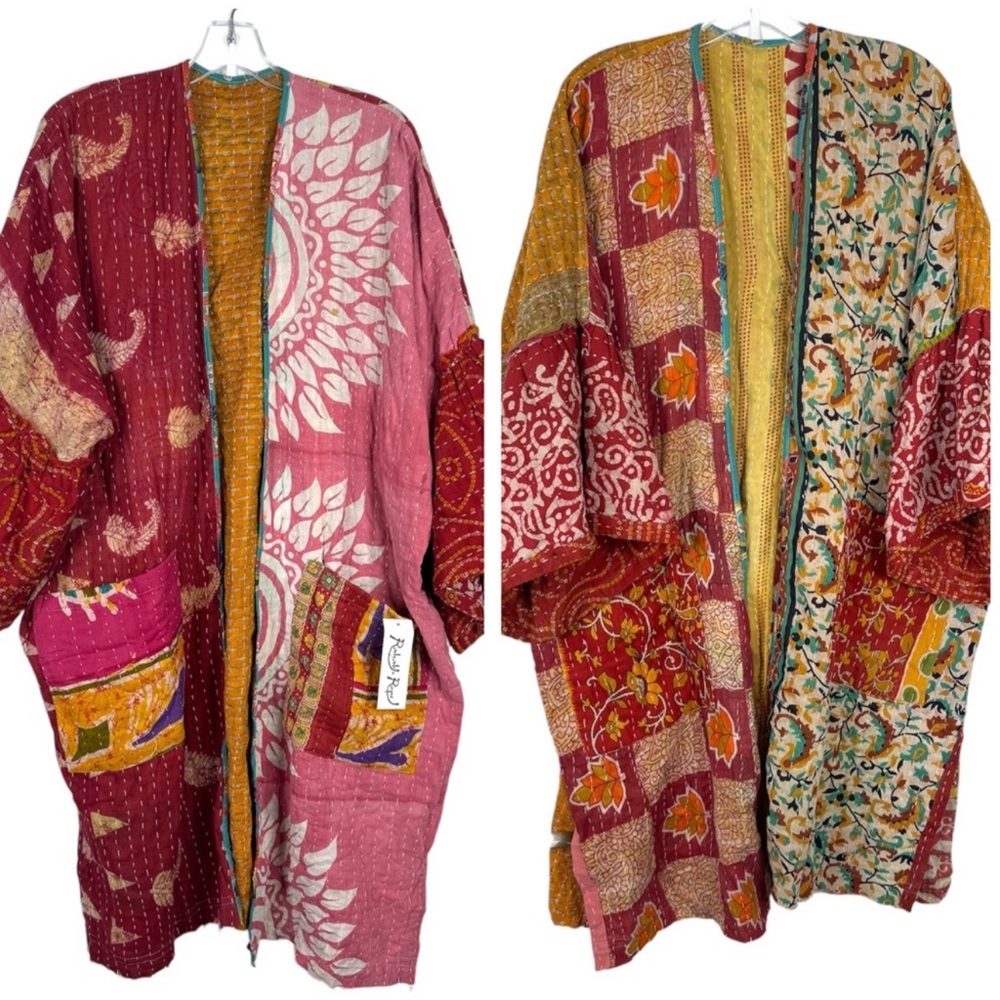 RAHAB’S ROPE Kantha NEW Reversible Patchwork Open Front Boho Kimono Duster NEW - Picture 14 of 14